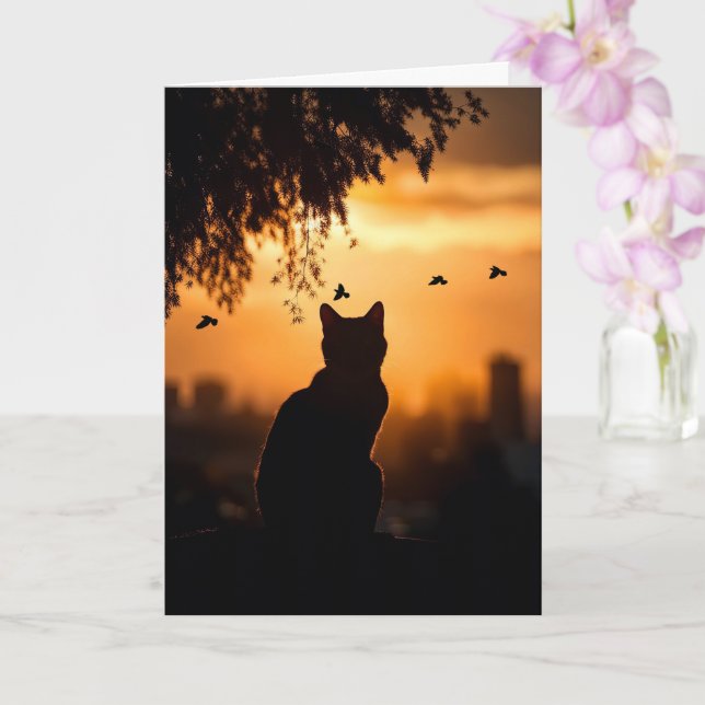 Cartão Cat Sympathy Loss of Cat Sunset With Birds (Orquídea)