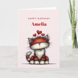 Cartão Cat with Red Love Hearts Cute and Funny Birthday