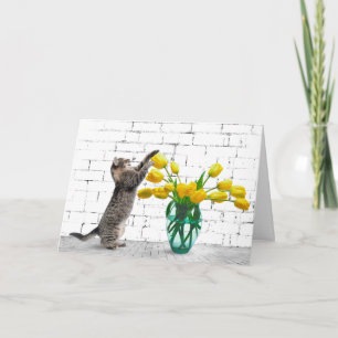 Cartão Cat with Yellow Tulips Birthday Card
