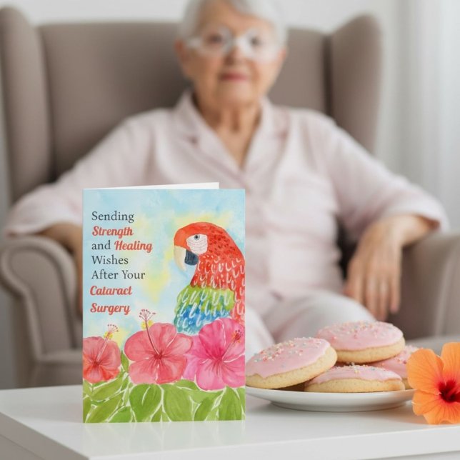Cartão Cataract  Surgery Healing Scarlet Macaws, Hibiscus (Criador carregado)