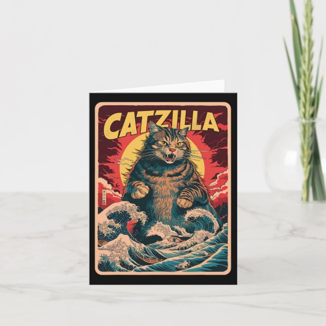 Cartão Catzilla Japonês Art Funny Cat Vintage Graphic (Frente)