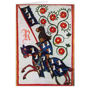 CARTÃO CAVALEIRO AZUL DE PARCHE MEDIEVAL MONOGRAMA