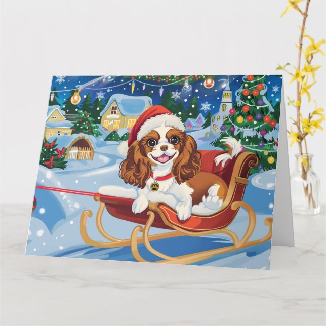 Cartão Cavalier King Charles Sleigh Snow Natal (Flor Amarela)