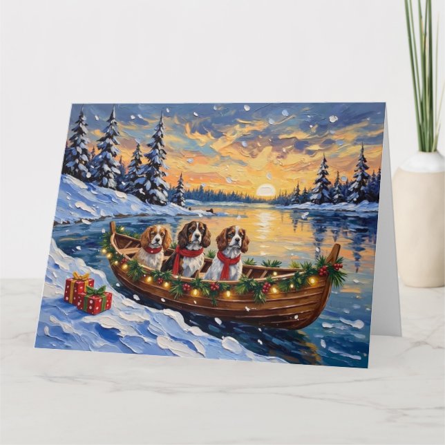 Cartão Cavalier King Charles Spaniel Christmas Boat (Frente)