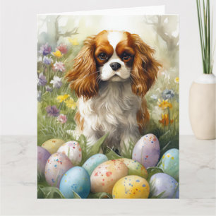 Cartão Cavalier King Charles Spaniel com Ovos de Páscoa