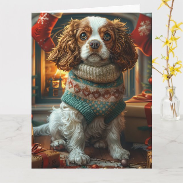 Cartão Cavalier King Charles Spaniel Com Presentes de Nat (Flor Amarela)