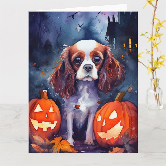 Cartão Cavalier King Charles Spaniel de Halloween Abóbora (Flor Amarela)