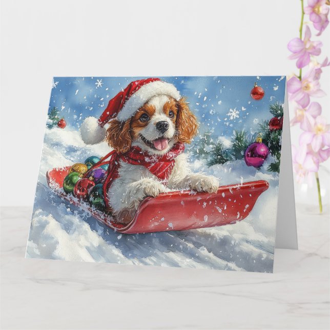 Cartão Cavalier King Charles Spaniel Dog Sledge Natal (Orquídea)