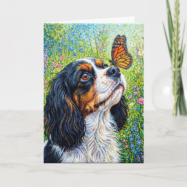Cartão Cavalier King Charles Spaniel Jardim das Borboleta (Frente)