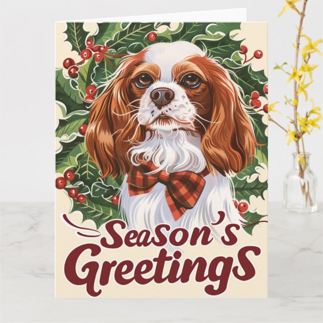 Cartão Cavalier King Charles Spaniel Natal (Flor Amarela)