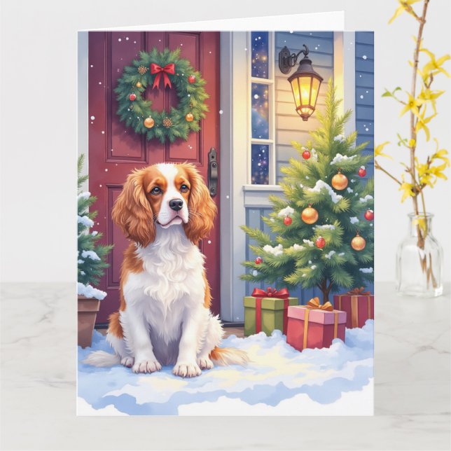 Cartão Cavalier King Charles Spaniel Natal Nevado (Flor Amarela)