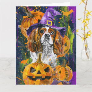 Cartão Cavalier King Dog Halloween Witée E Pumpkin