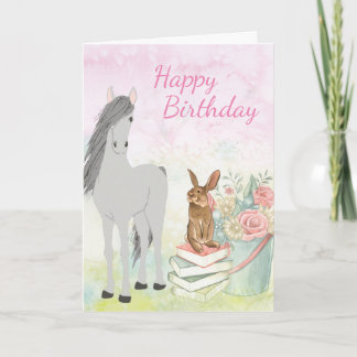 Cartão Cavalo bonito, coelho, flores e livros Aniversário