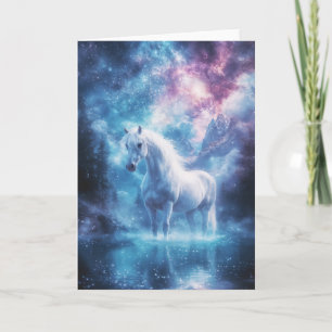 Cartão Cavalo Branco Místico numa Paisagem de Sonhos Cósm