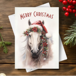 Cartão Cavalo Branco Santa Hat Red Poinsettias Natal