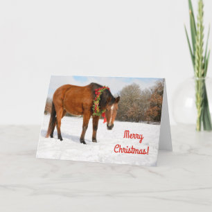 Cartão Cavalo castanho com coroa de Natal