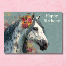 Cavalo Cinza Bonito e Flores Aniversário Floral