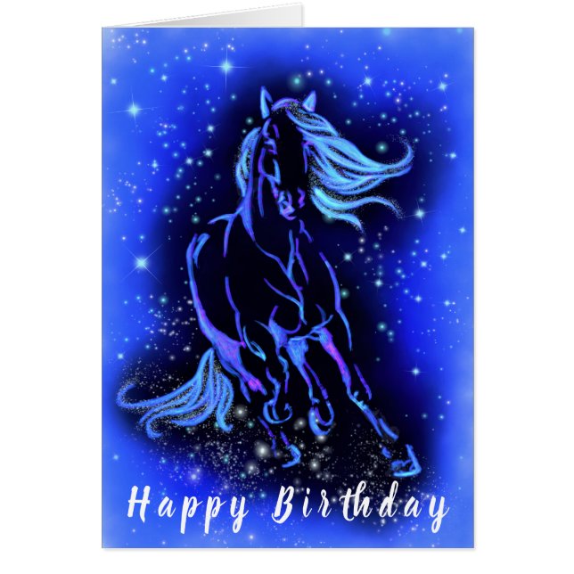 Cartão Cavalo Correndo À Lua Blue Starry Night Card (Frente)