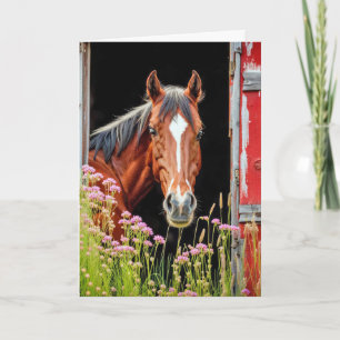 Cartão Cavalo de Aniversário Na Porta Do Barn Com Flores