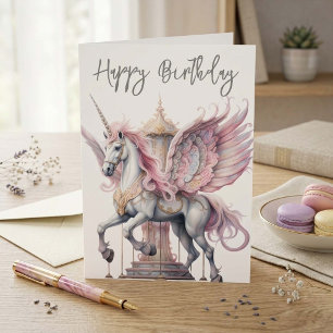 Cartão Cavalo de Carrossel Unicórnio Pegasus Rosa de Aniv