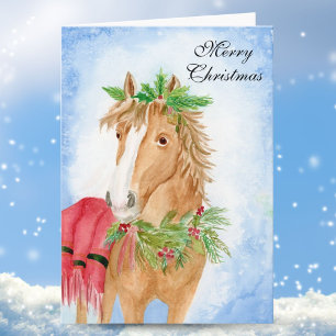 Cartão Cavalo de Natal com Aquarela de Verdura de Feriado
