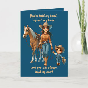Cartão Cavalo de Rodeio Ocidental Cowgirl Mãe e Filho Per