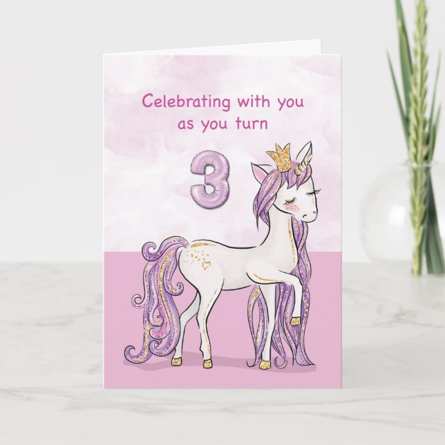 Cartão Cavalo Rosa Com Coroa de 3º Aniversário (Frente)
