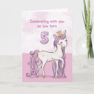 Cartão Cavalo Rosa Com Coroa de 5º Aniversário