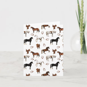 Cartão Cavalos Aquarela Ferradura Selas de Cavalo