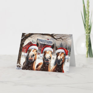 Cartão  Cavalos de Natal na Neve com Chapéus de Papai Noe