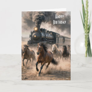 Cartão Cavalos Selvagens de Aniversário com Trem a Vapor 