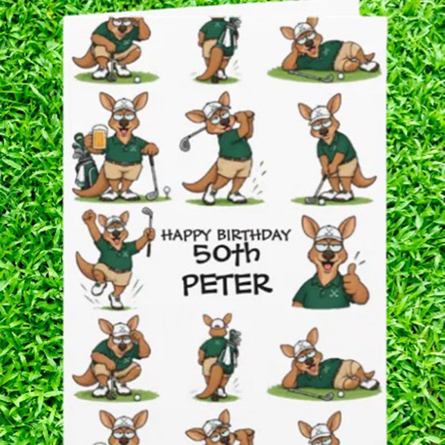 Cartão Celebração com Tema de Canguru de Golfe  (Imagine opening a card and being greeted by a cheeky kangaroo in mid-golf swing)