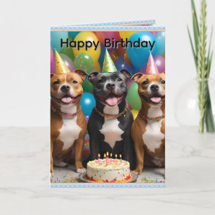 Cartão Celebração do Staffy: Uma Festa de Aniversário com