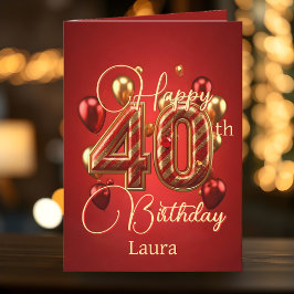 Cartão Celebração Elegante Vermelha e Dourada de aniversá