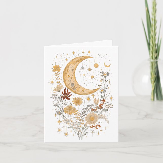 Cartão Celestial Moon and Wildflower Greeting Card – Boho (Frente)