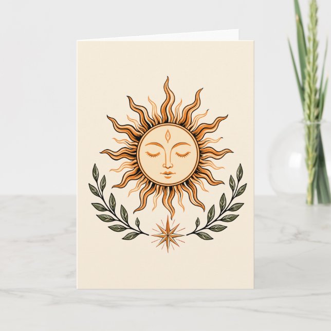 Cartão Celestial Sun Face Botanical Mystical Art (Frente)