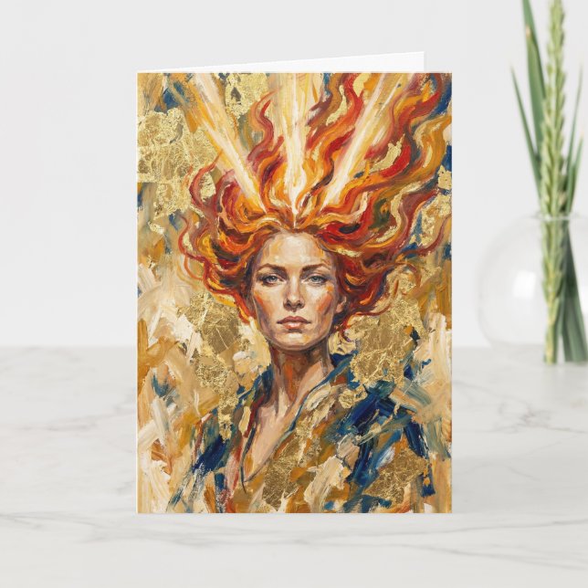 Cartão Celtic Fire Goddess Brigid Gold Leaf Fantasy Art (Frente)
