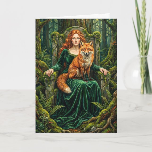 Cartão Celtic Forest Queen Red Fox Witch Fantasy Art ( (Frente)