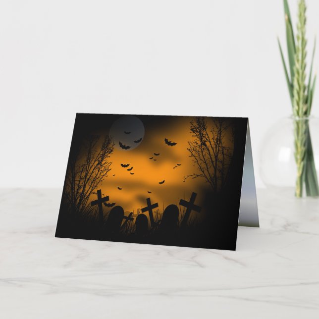 Cartão Cemitério de Halloween com Morcegos e Pedras Tomba (Frente)