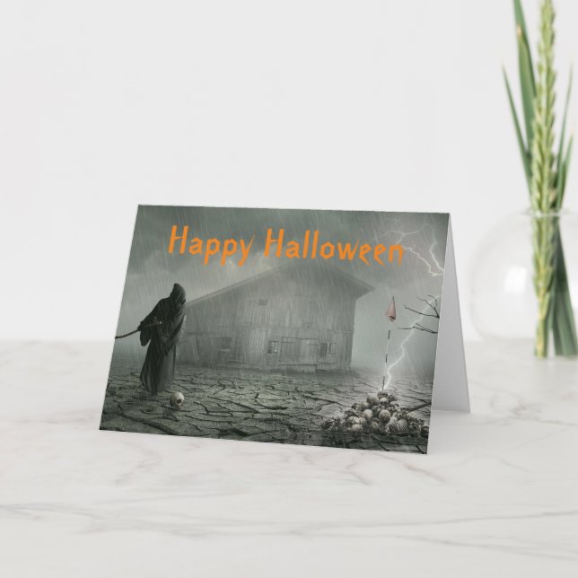 Cartão Cena Assustadora da Morte no Halloween (Frente)