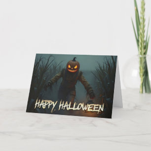 Cartão Cena Assustadora de Halloween com Cabeça de Abóbor