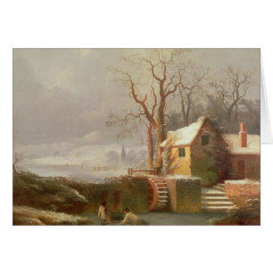 Cartão Cena da neve com moinho e casas de campo