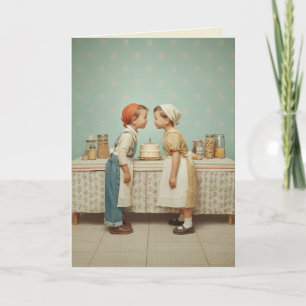 Cartão Cena de aniversário infantil vintage na cozinha