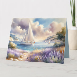 Cartão Cena de Aquarela do Barco à Vela da Costa Lavanda