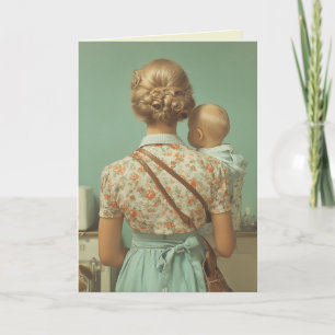 Cartão Cena de Cozinha Vintage de Mãe e Bebê