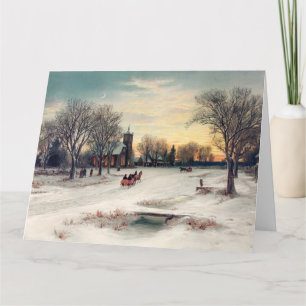 Cartão Cena de inverno vintage do Natal com paisagem neva
