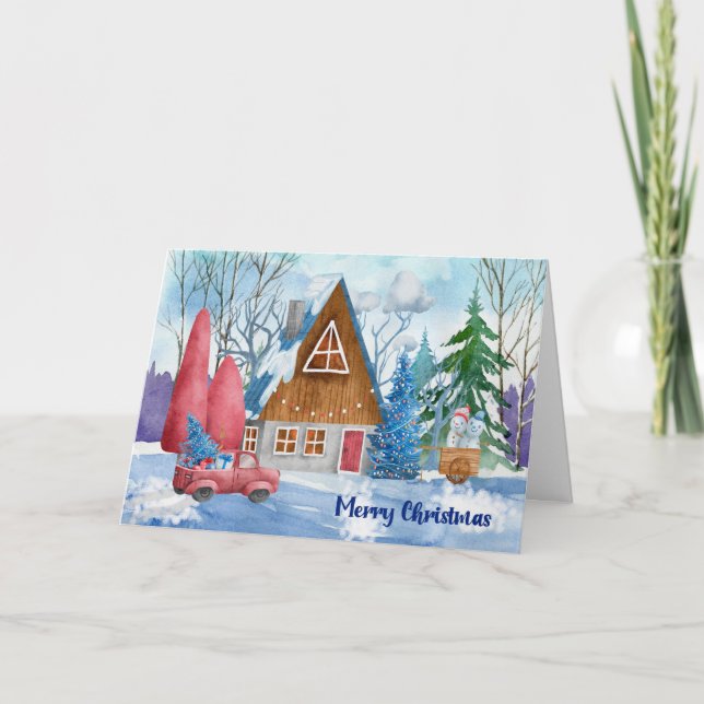 Cartão Cena de Natal com Casa em A-Frame e Caminhão Verme (Frente)