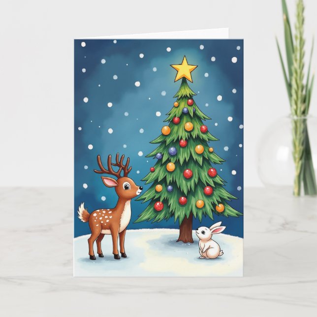 Cartão Cena de Natal com Veado e Coelho na Neve (Frente)