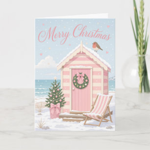 Cartão Cena de Natal de Cabana de Praia Pastel Adorável