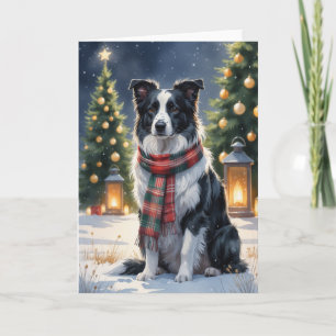 Cartão Cena de Natal em aquarela com Border Collie na Nev
